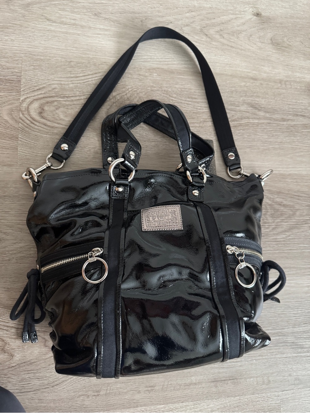 Coach Patent Black Leather Women's Tote Bag with Silver Hardware